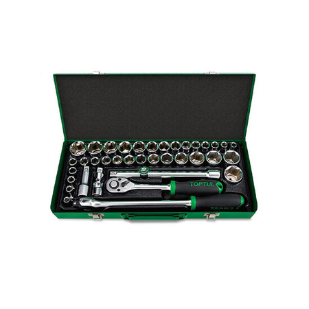 Toptul Socket Set 1/2" DR 38 Pce Imperial & Metric-GCAD3803. Front view of socket set with the tools in front of the sockets in the bottom half of a green metal case.