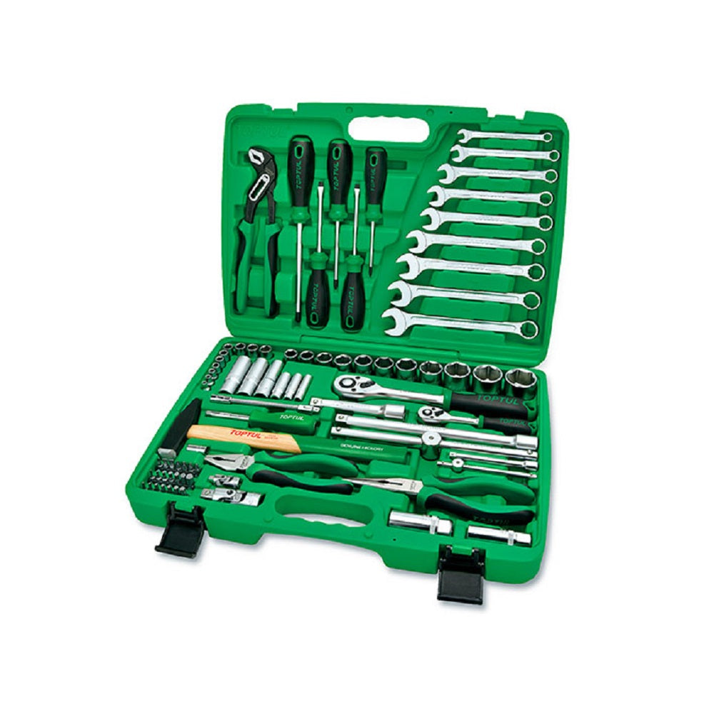 Toptul Tool Kit 1/4"-1/2" DR 80 Pce Metric-GCAI8002. Front view of tool kit with tools on both sides of green plastic blow case.
