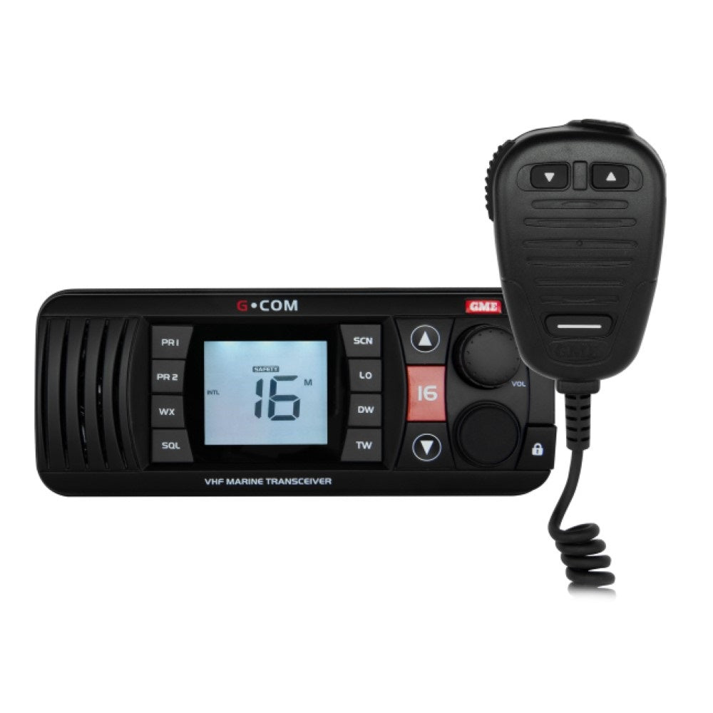 GME Marine Radio Black VHF-GX700B.  Front view of black radio and microphone.