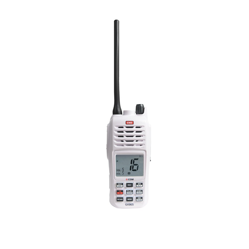 GME VHF Marine Handheld Radio 5/1 Watt-GX865. Front view of white radio with keypad on front and black antenna