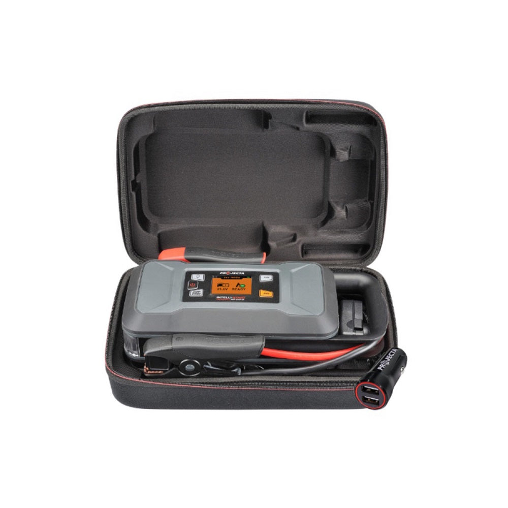 Projecta 12/24V 2000A Intelli-Start Professional Lithium Jumpstarter - IS2000. Angled view of jump starter carry case and cigarette lighter socket adaptor.
