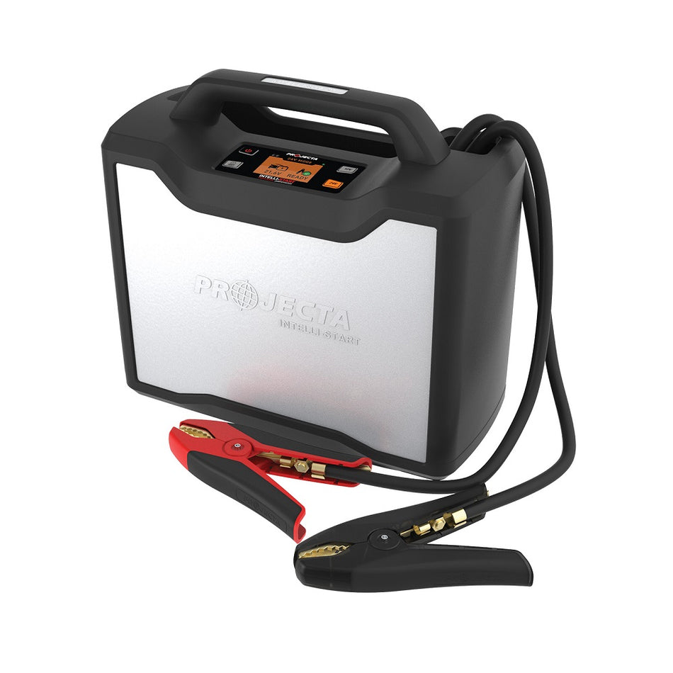 Projecta 2/24V 3000A Intelli-Start Industrial Jumpstarter - IS3000.  Angled view of Jump Starter and connector cables and clips.