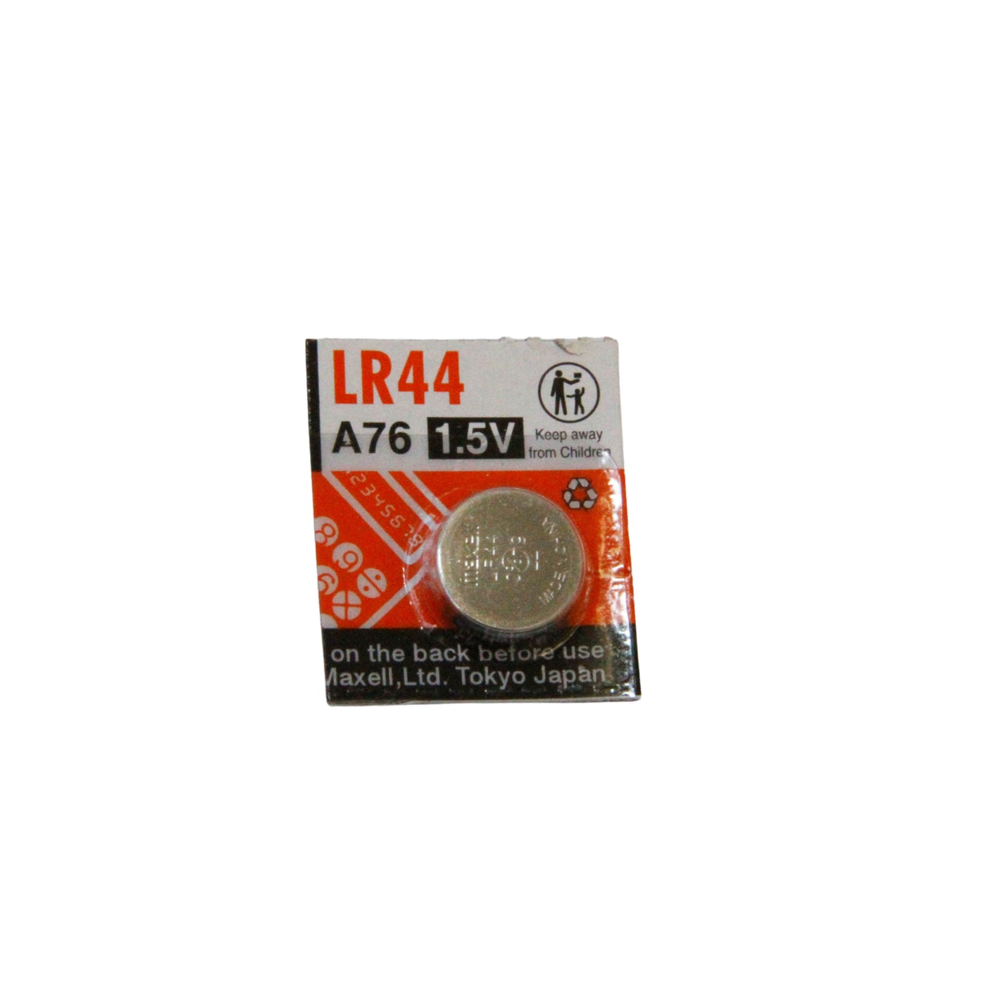 Formula Battery Alkaline Coin A76-LR44. Front view of battery in blister pack on black and orange cardboard.
