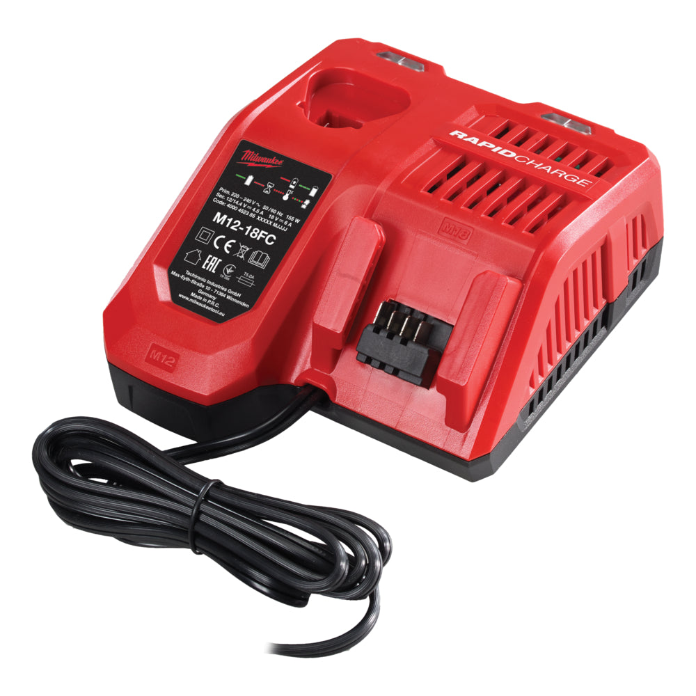Miliwaukee Rapid Charger 12v/18v - M12-18FC. Angled view of charger showing battery contacts and power cord.