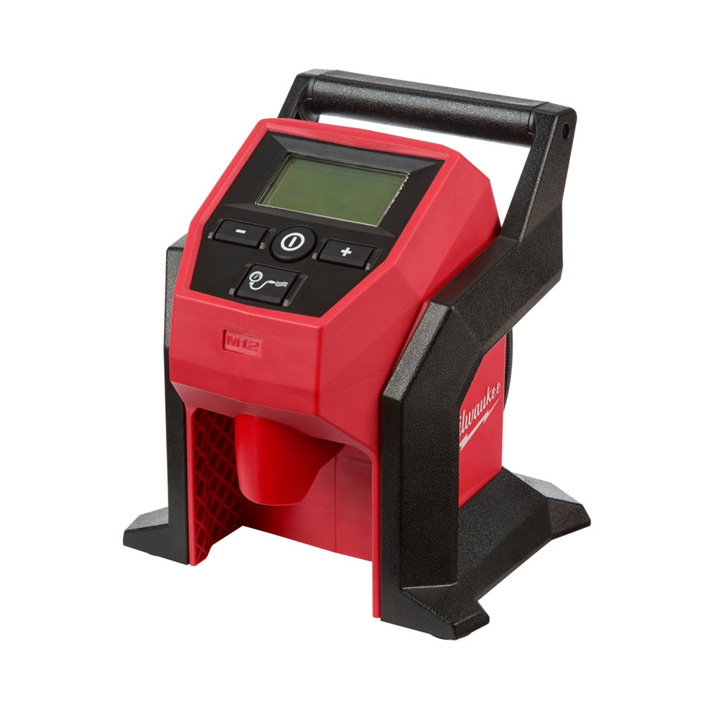 Milwaukee M12 Compact Inflator M12BI-0. Angled view of inflator showing screen and control bottles.