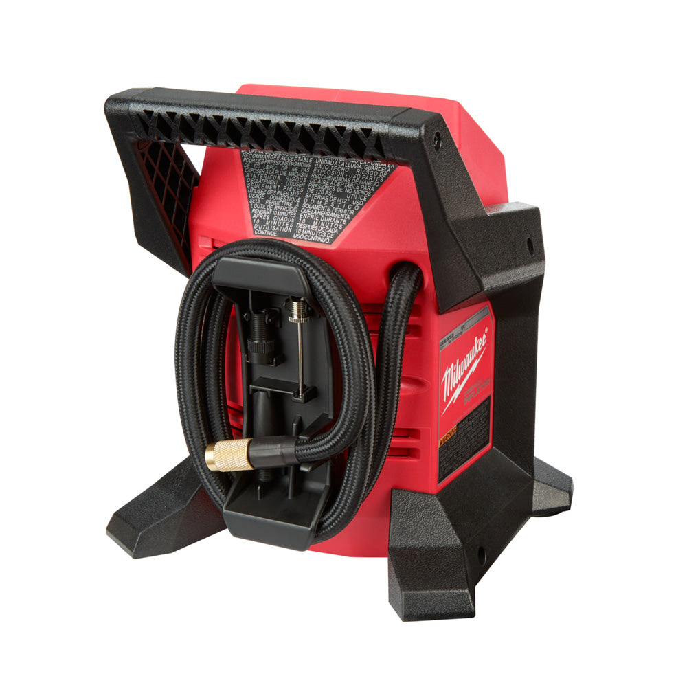Milwaukee M12 Compact Inflator M12BI-0. Rear view of inflator showing connector hose and fittings. 