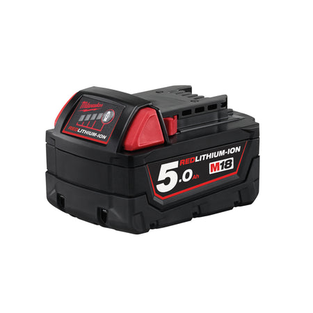 Milwaukee M18 Redlithium-Ion Battery 5.0Ah. Angled view of battery.