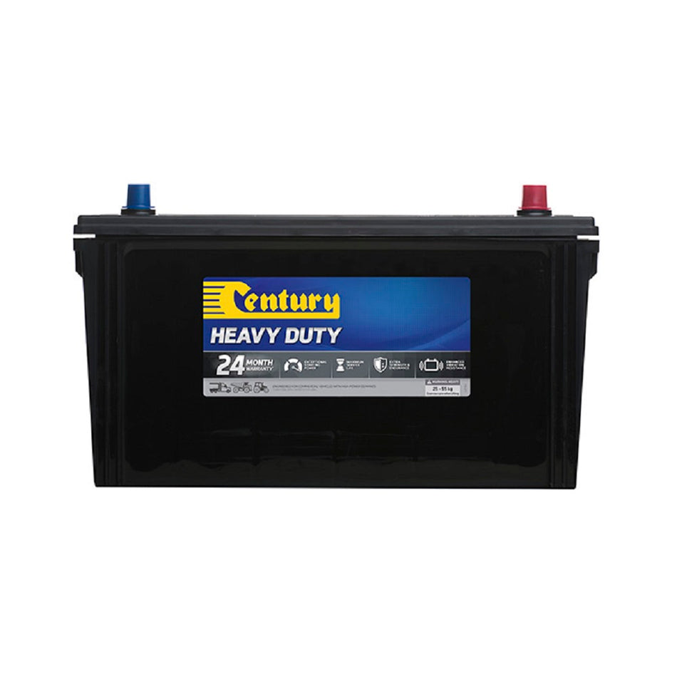 Century Battery Commercial CAL 12V 730CCA-N100LMF. Front view of black battery with yellow Century logo on blue and grey label on front.