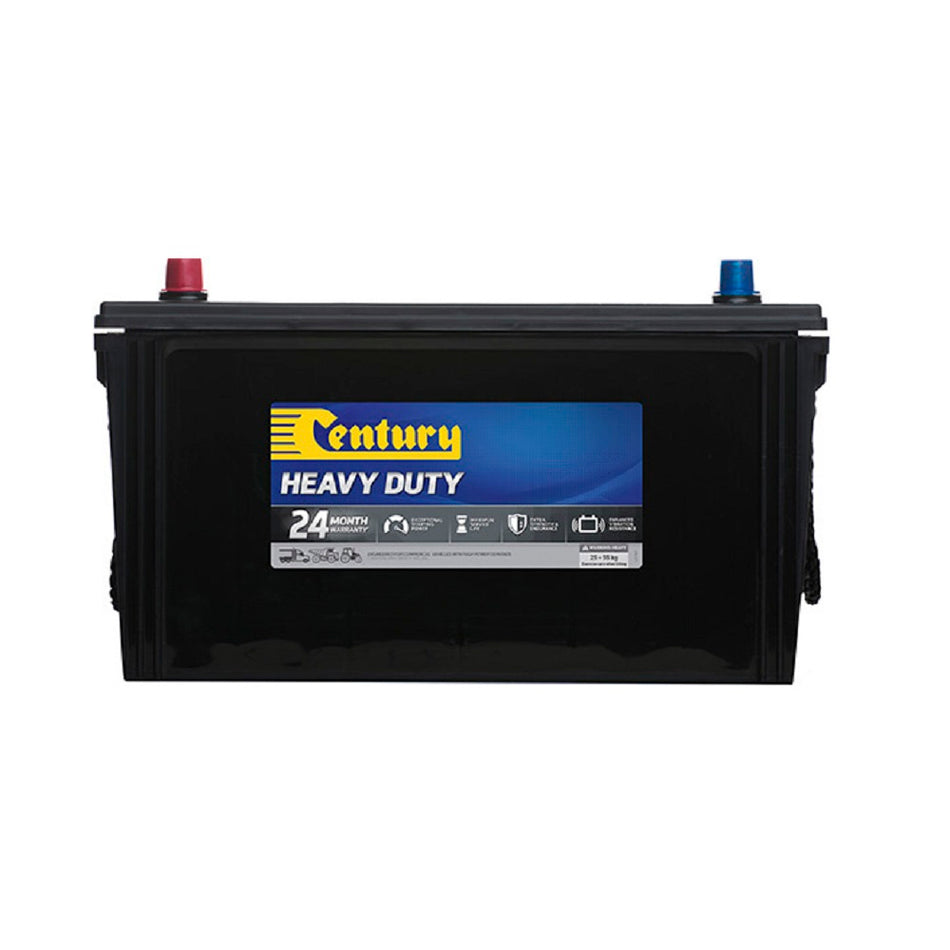 Century Battery Commercial Cal 12V 730CCA-N100MF. Front view of black battery with yellow Century logo on blue and black label on front.