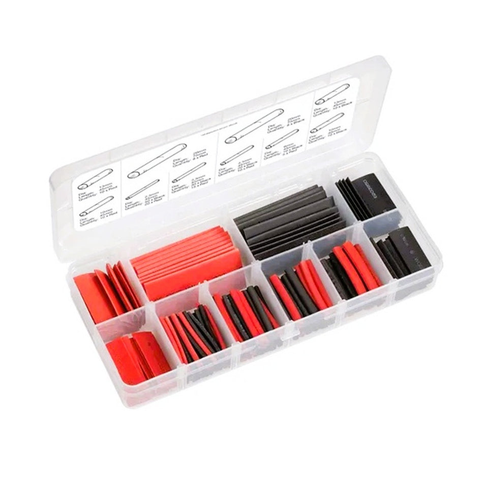 Heat shrink Kit 216 piece N56604 Assorted heat shrink tubing kit with red and black components in a clear plastic box on a white background.

