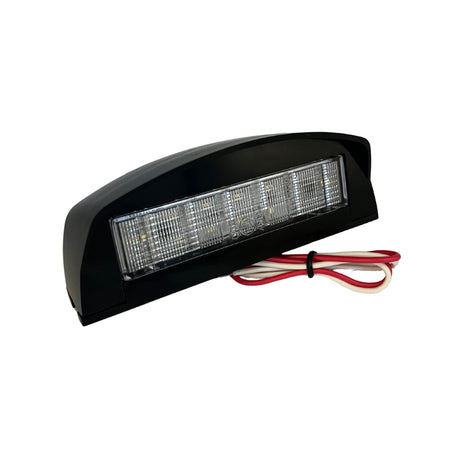 NIC-NPL2602 LED Number Plate Lamp, 10-30V.A black curved LED light bar with attached red and white wires, shown on a plain white background.