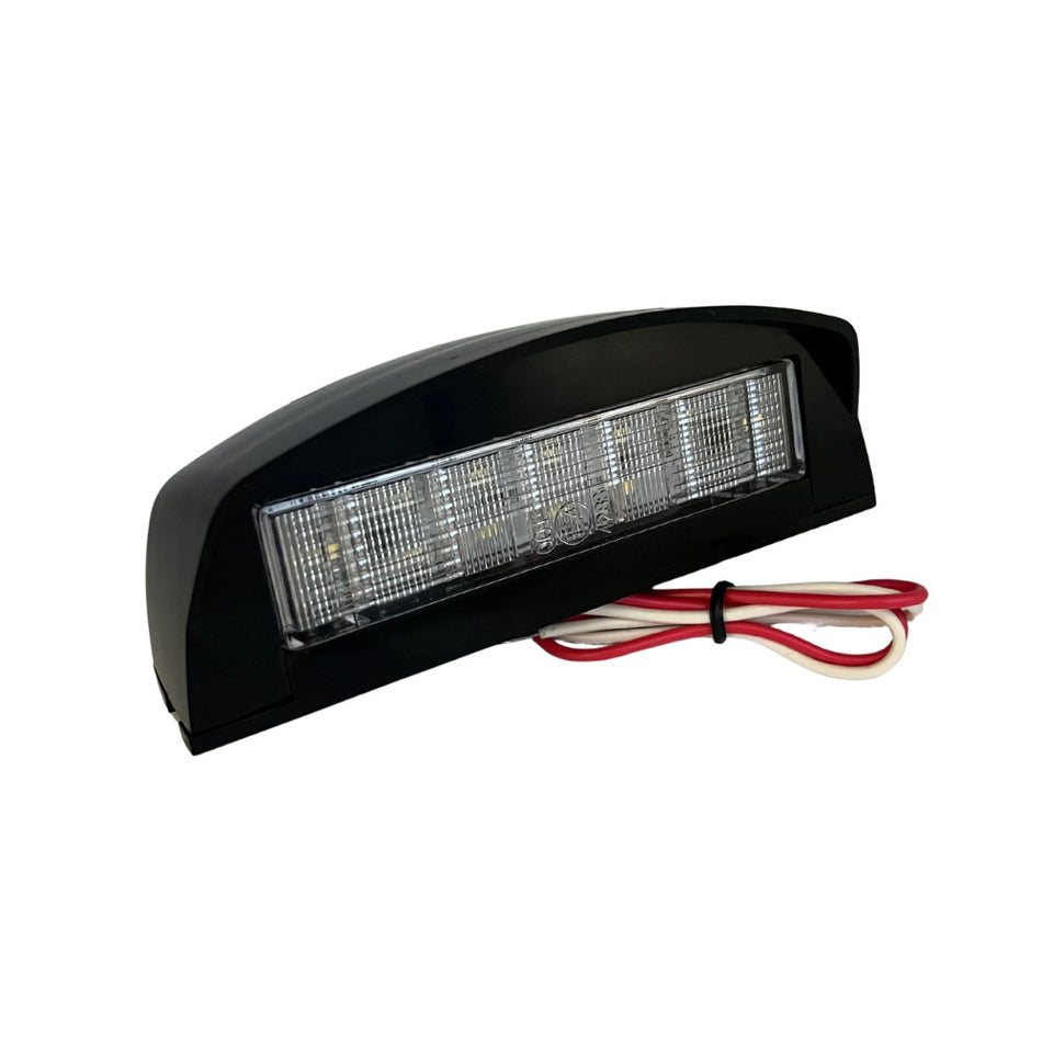 NIC-NPL2602 LED Number Plate Lamp, 10-30V.A black curved LED light bar with attached red and white wires, shown on a plain white background.