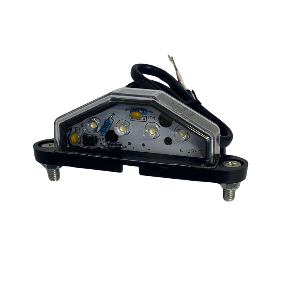 NIC-NPL70 LED Number Light Lamp, 10-30V.A rectangular LED light assembly with a clear protective cover, multiple illuminated LED chips, attached black wiring, and a black mounting base with two visible screws, shown on a plain white background.