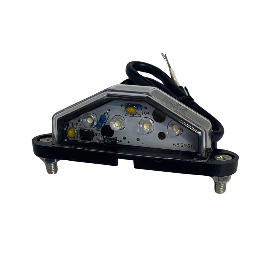 NIC-NPL70 LED Number Light Lamp, 10-30V.A rectangular LED light assembly with a clear protective cover, multiple illuminated LED chips, attached black wiring, and a black mounting base with two visible screws, shown on a plain white background.