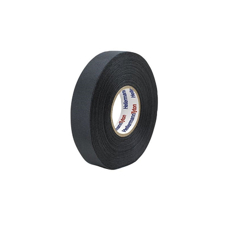 HellermannTyton High Temperature Cloth Tape 19mm x 25m-PROTECT250. Front view of black cloth tape with  blue and red HellermannTyton logo on inside of roll.