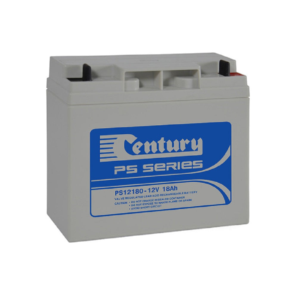 Century Battery Cycle/Standby VRLA 12V 18AH-PS12180. Front view of grey battery with Century Logo on blue label on front.