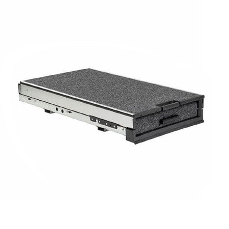 ARB Roller Floor with Slide Out Tray 945mm-RF945. Side view of slide part of tray and grey carpet on top and front.