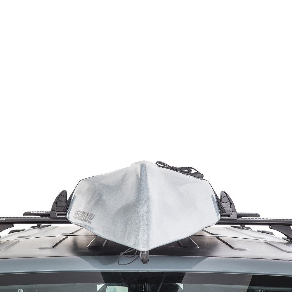 Rhino-Rack Adjustable Canoe Holder - Vortex Bar-RLH2. Front view of canoe on vehicle roof held on by canoe holders.