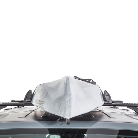 Rhino-Rack Adjustable Canoe Holder - Vortex Bar-RLH2. Front view of canoe on vehicle roof held on by canoe holders.