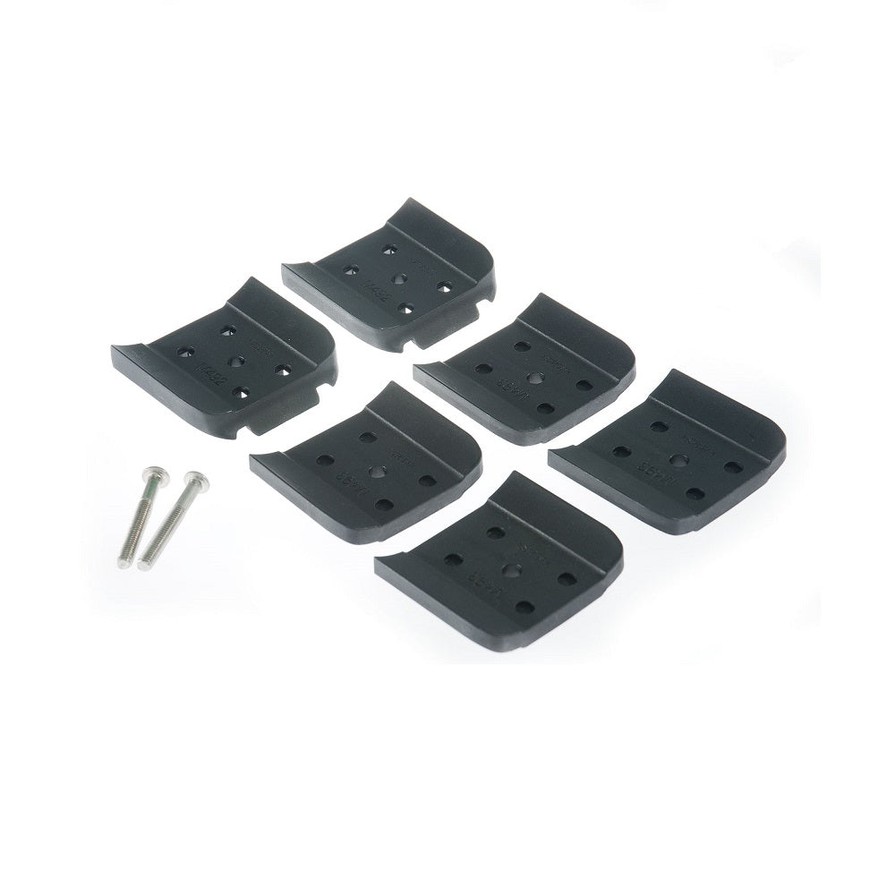 Rhin-Rack 2500 Leg Spaces (26mm)-RLKS3. Front view of 6 x black leg spacers with 2 x bolts in the front.