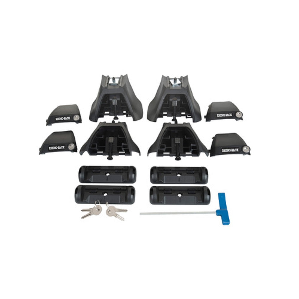 Rhino-Rack 2500 Leg Kit VA (x4)-RLKVA. Front view of 4 x black legs, 4 x front covers, 4 x foot plates, 2 x keys and a Torque key in front.