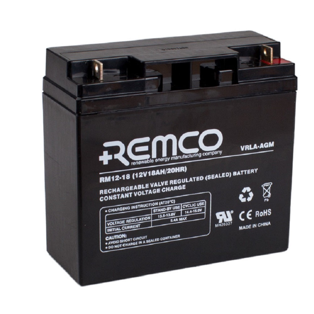 Remco Battery: Cycle/Standby VRLA 12V 18AH - RM12-18.  Angled view showing label, specifications and terminal configuration.
