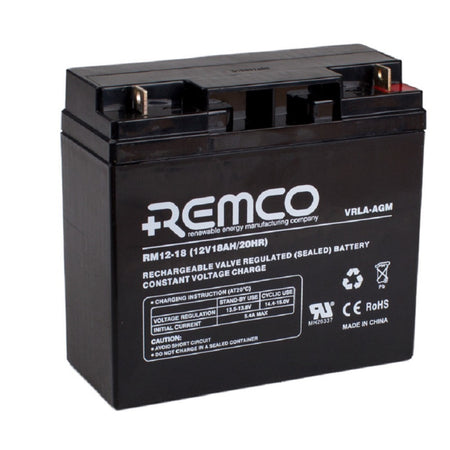 Remco Battery: Cycle/Standby VRLA 12V 18AH - RM12-18.  Angled view showing label, specifications and terminal configuration.