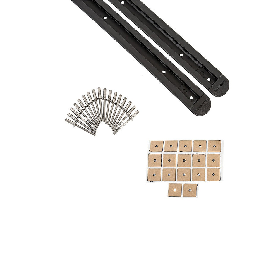 Rhino-Rack RTS Tracks-RTS554. Front view of 2 x black bars, 16 x silver rivets and 16 x Butyl patches at the front.