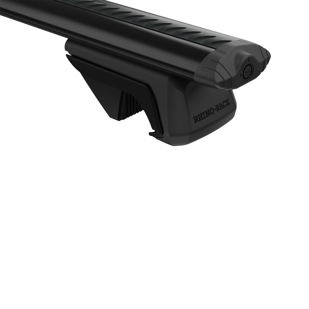 Rhino-Rack RX100 Leg (x4)-RX100. Front view of black leg attached to a Rhino-Rack bar.