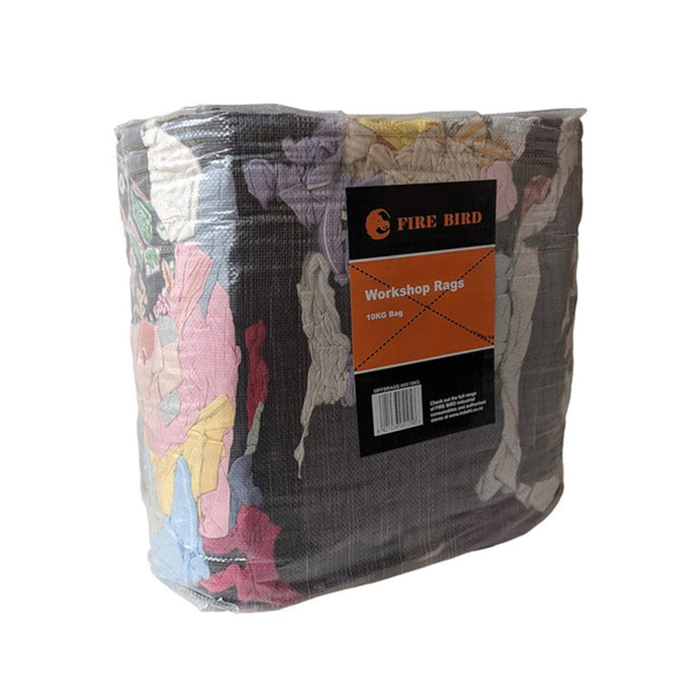 Rags Mixed Colton Compressed 10kg-RAGS-10KG. Front view of a square bag of compressed rags with the Firebird label on the front.