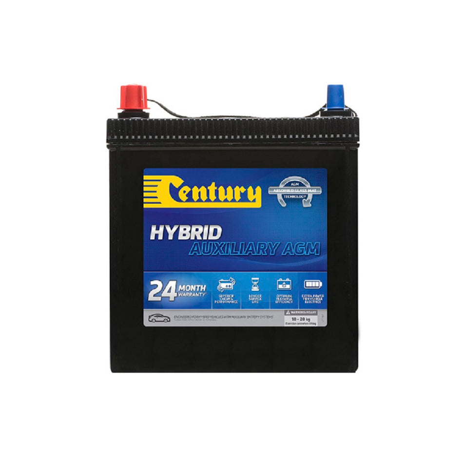 Century Battery Automotive FLA Hybrid 12V 270CCA-S34B20R. Front view of black battery with yellow Century logo on blue and grey label on front.