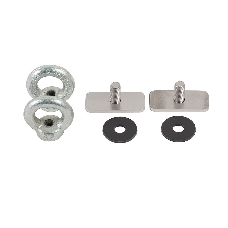 Rhino-Rack Vortex Eye Nut Kit-S604. Front view of 2 x Eye Nuts with fitting hardware.