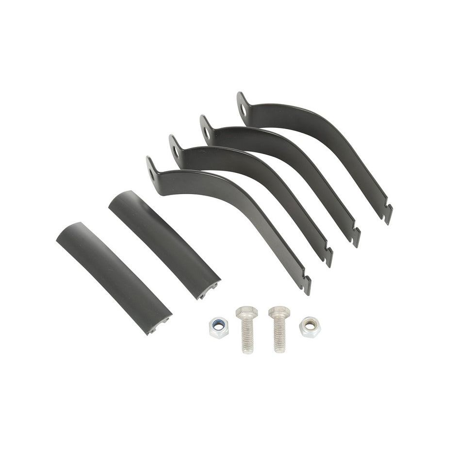 Rhino-Rack Vortex Pipe Clamps (100mm/4"- SPC4. Front view of 4 x black clamp half pieces and hardware to make up .