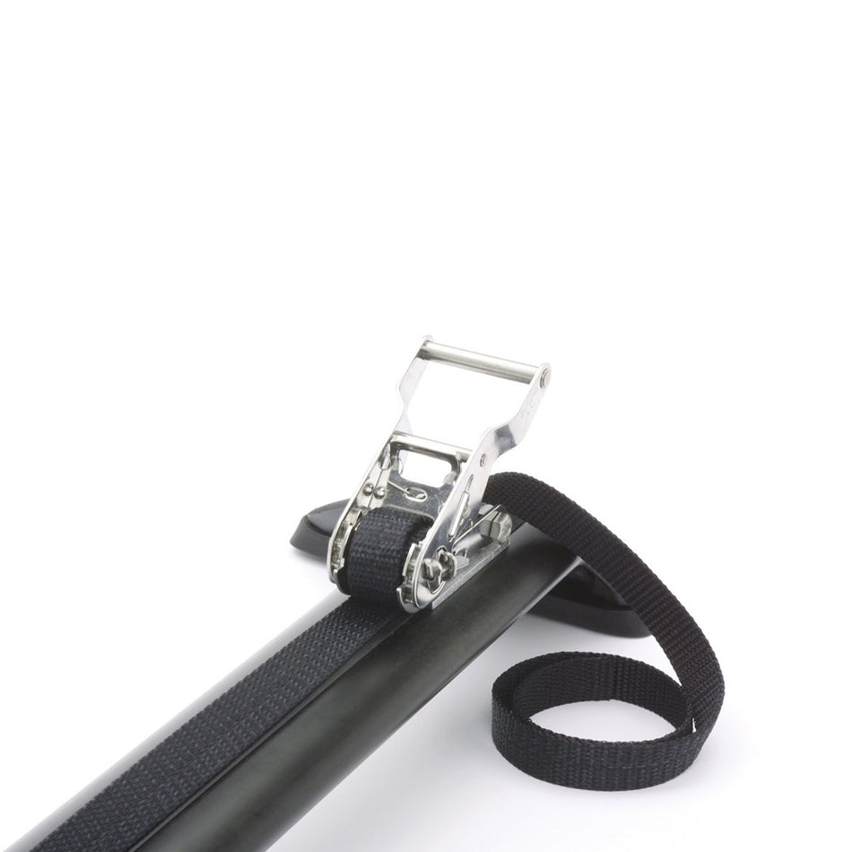 Rhino-Rack Vortex Ratchet Grab 2M-SRG. Front view of stainless-steel ratchet end in the channel of a crossbar with webbing curled down from it.