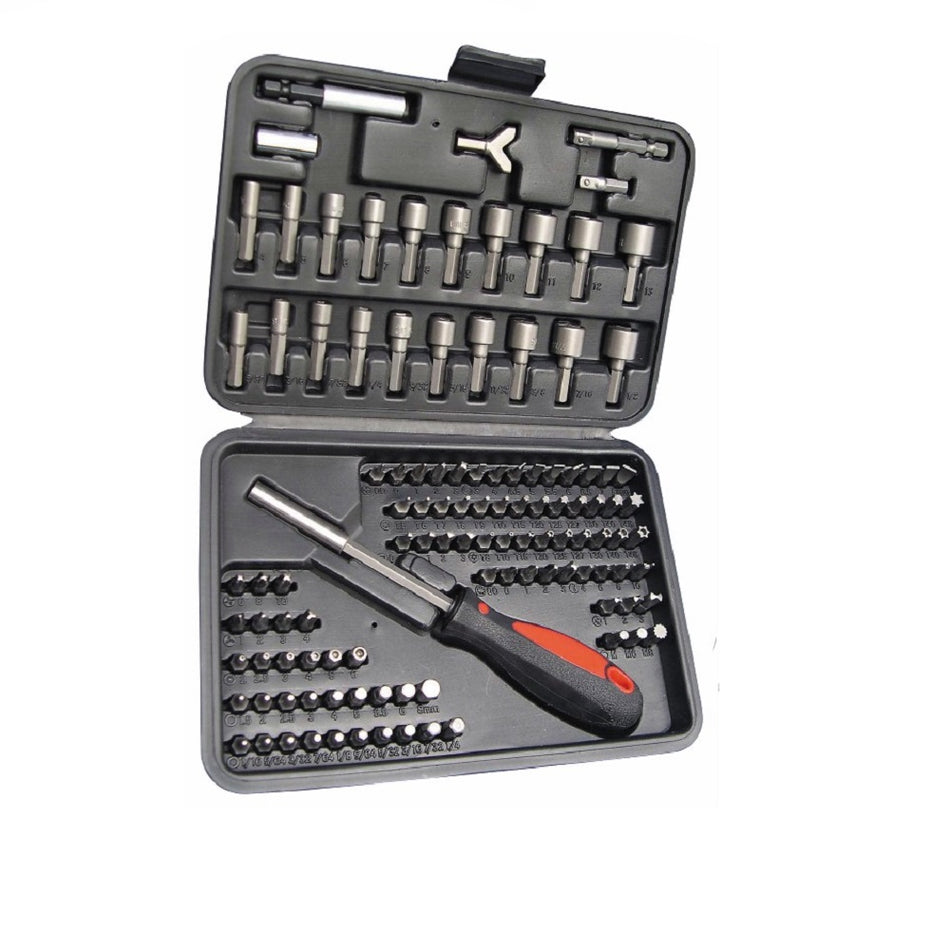 Wellmade Bit Set - 113 Piece. Front view of black plastic case with bits on top and also bottom with screwdriver handle.