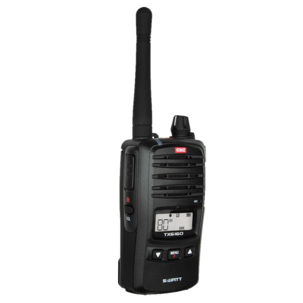 GME Handheld UHF 5w Radio Twin Pack Black W/Case side view of radio