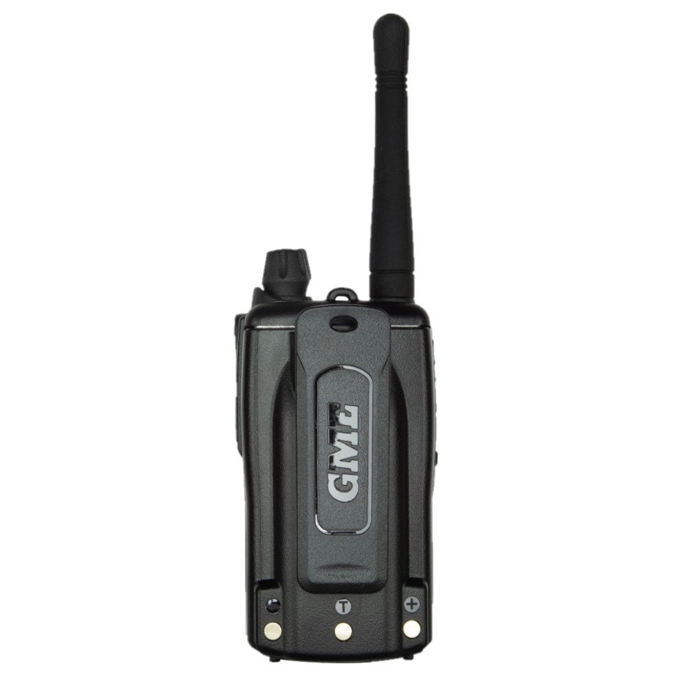 GME Handheld UHF 5w Radio Twin Pack Black W/Case back view of radio