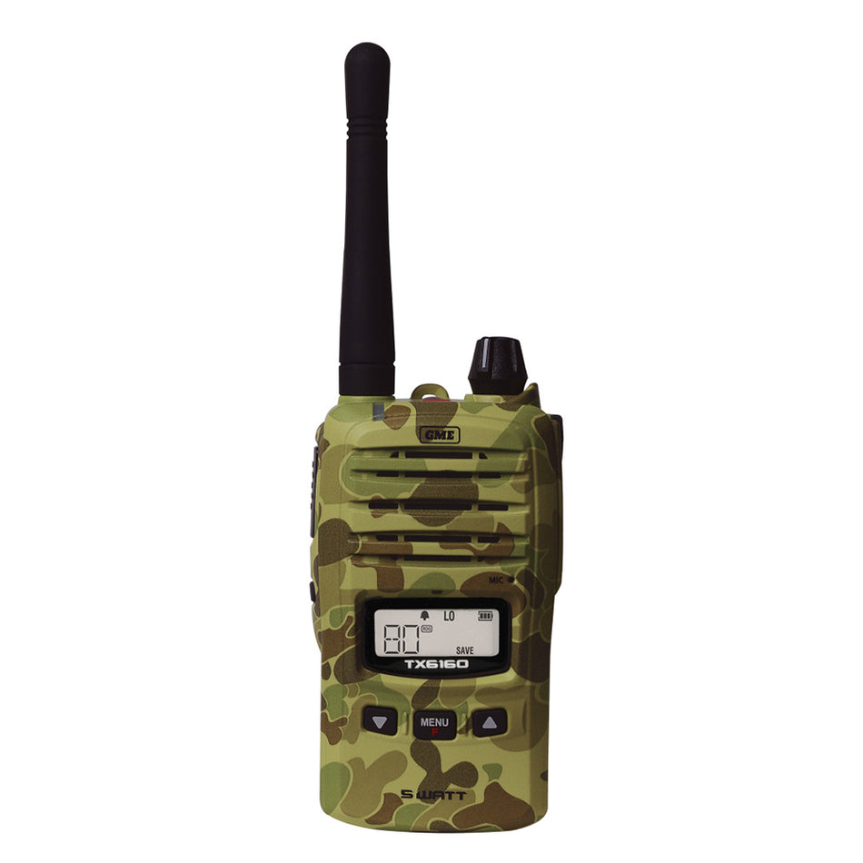 GME 5 Watt UHF Camo Handheld Radio - front view