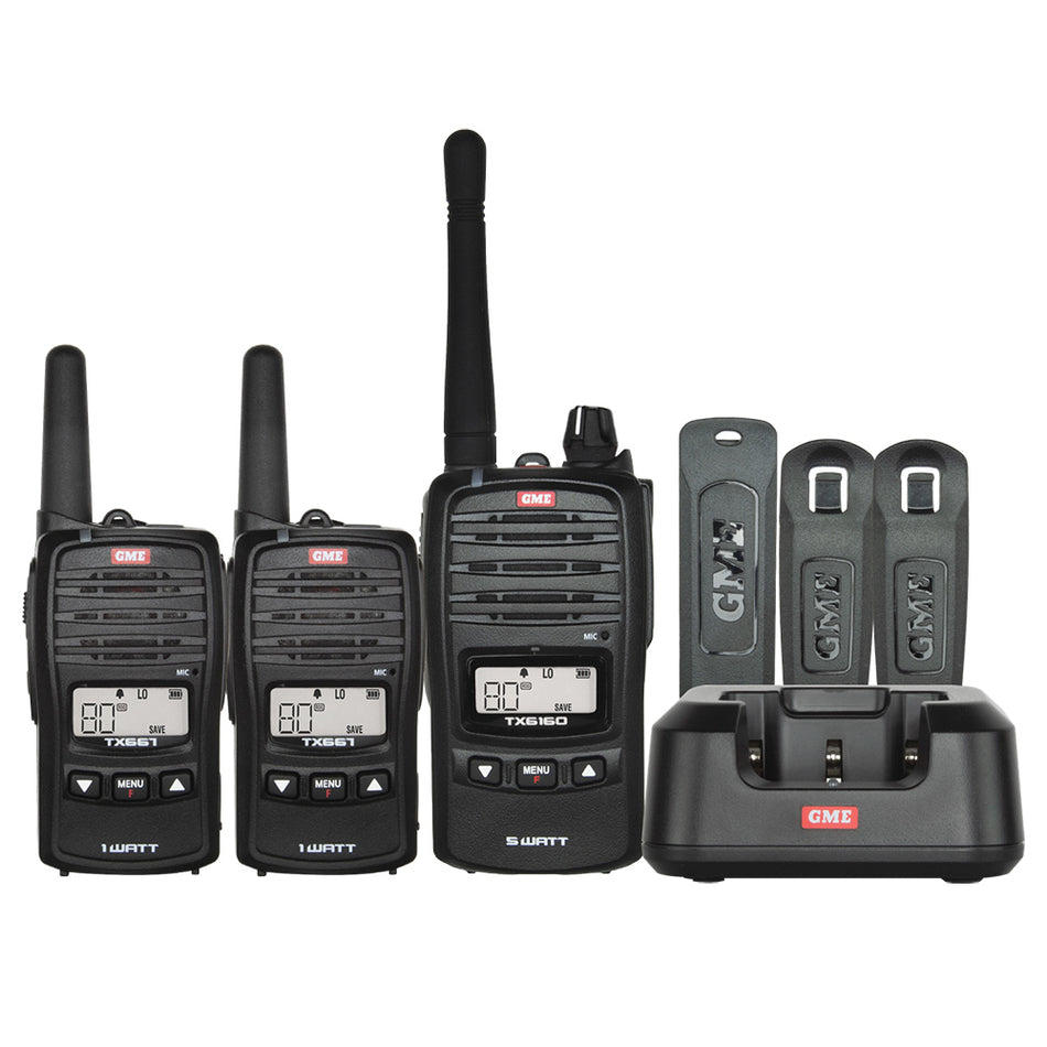 GME 5/1 Watt UHF CB Handheld Radio - Family Pack layout of kit