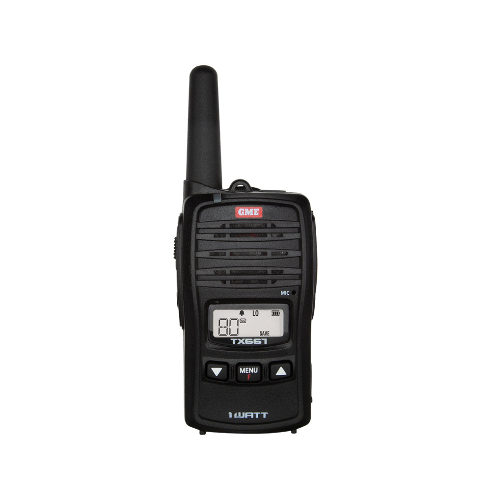 GME 5/1 Watt UHF CB Handheld Radio - Family Pack. Front view of TX667 radio.