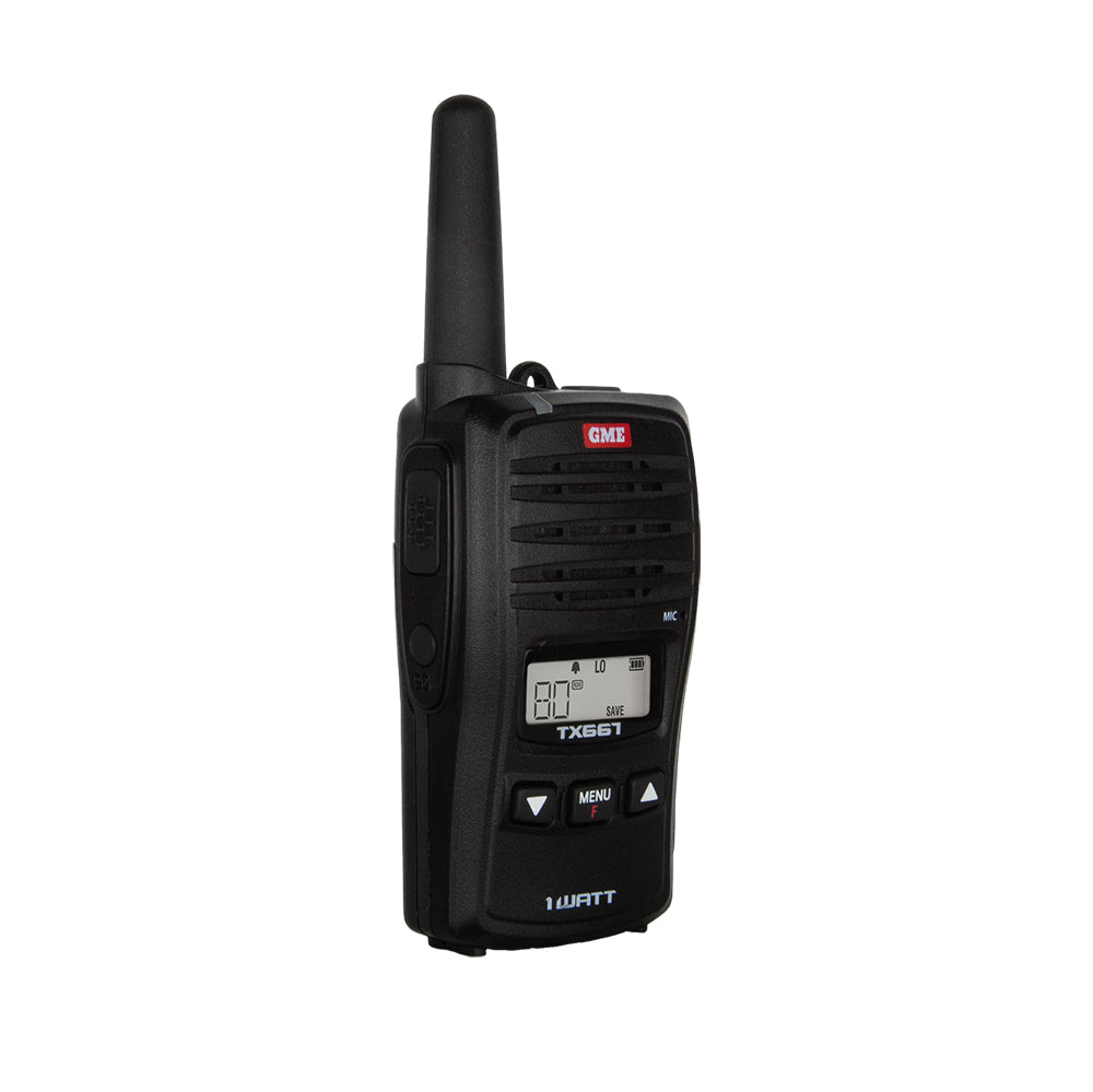 GME 5/1 Watt UHF CB Handheld Radio - Family Pack. Side view of TX667 radio.