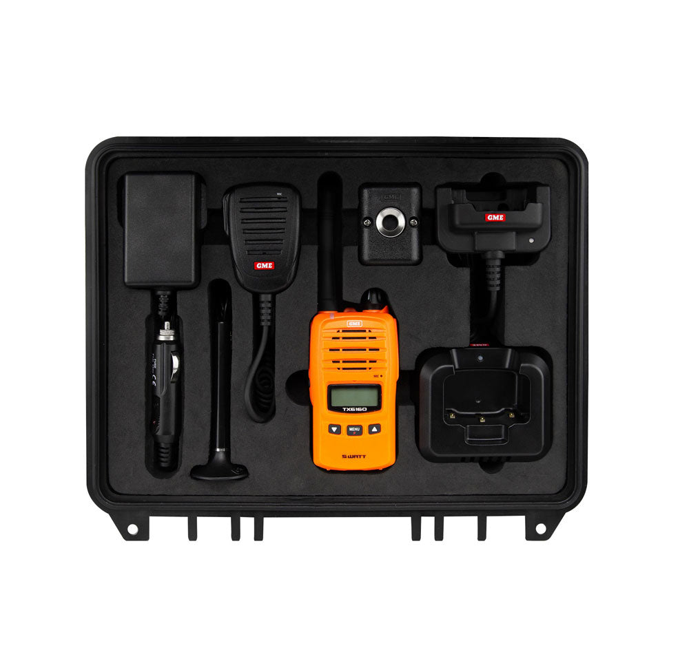 GME 5/1 Watt UHF CB Orange Handheld Radio Car Kit with case layout