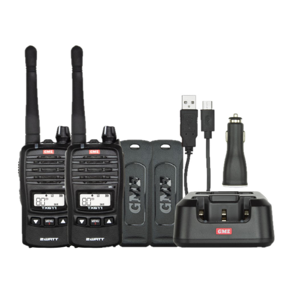 GME Handheld 2 Watt Radio Twin Pack 80 Channel layout of kit