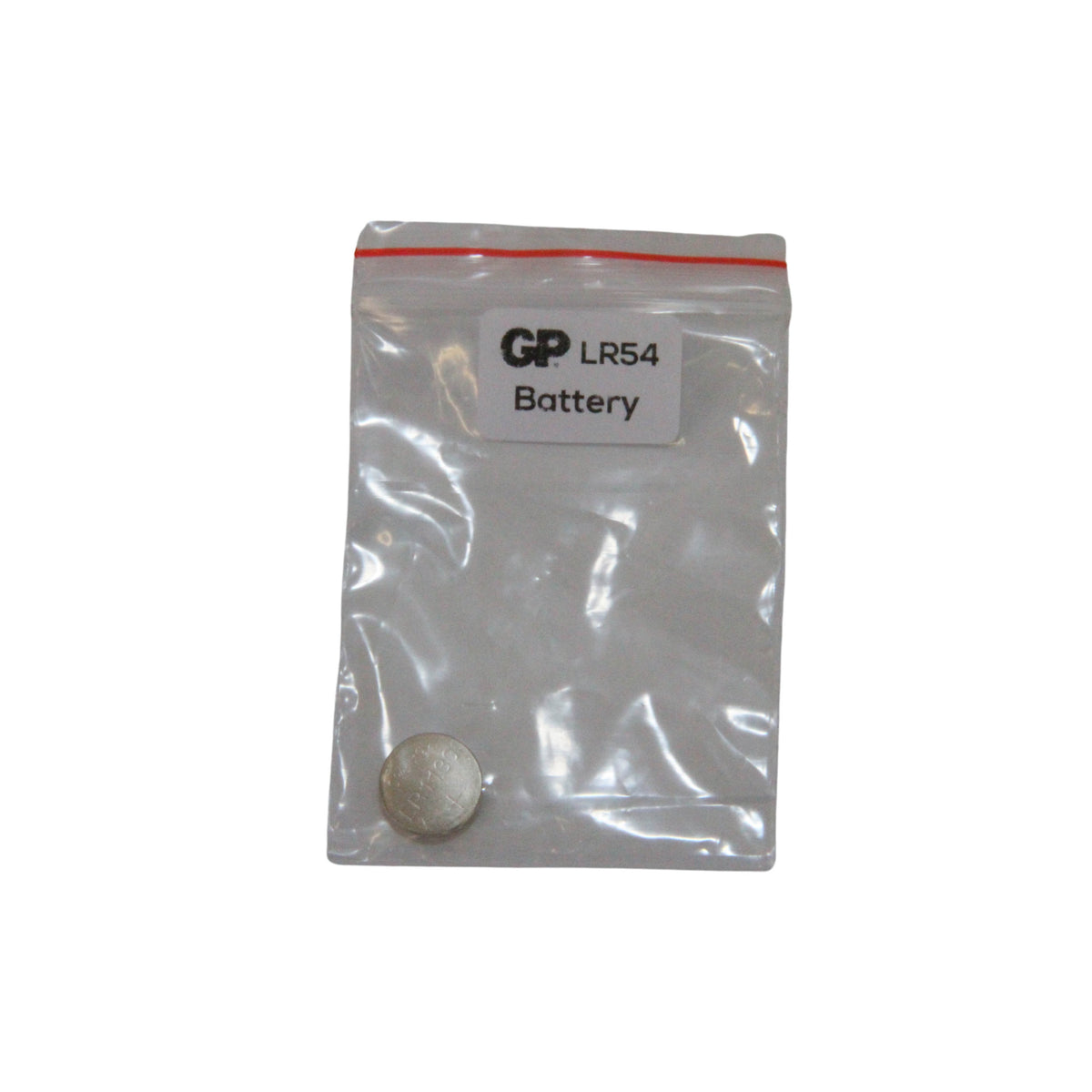 JLX Battery Button 189F/LR54/V10GA-V10GA. Front view of button battery in a small plastic bag.