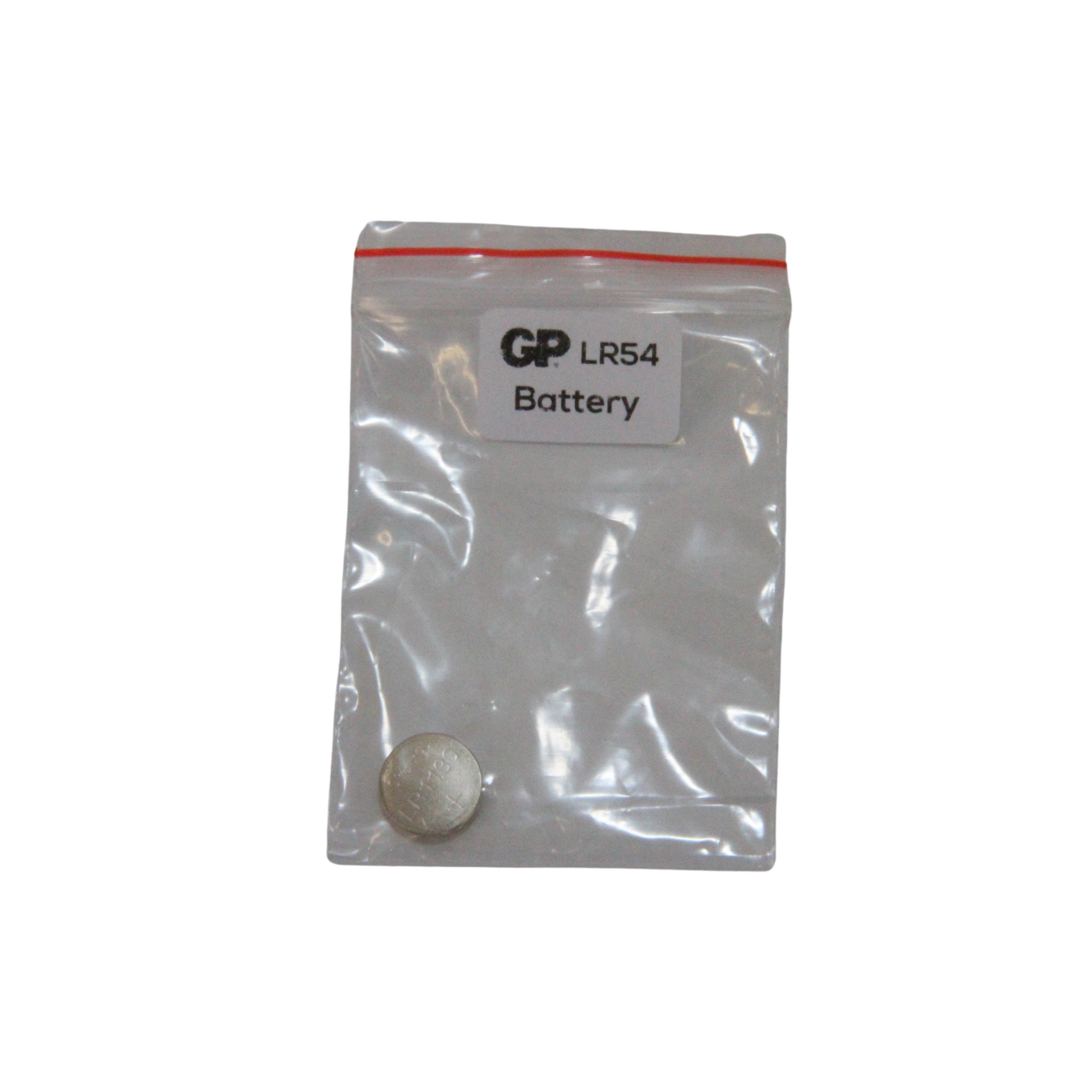 JLX Battery Button 189F/LR54/V10GA-V10GA. Front view of button battery in a small plastic bag.