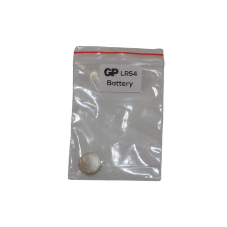 JLX Battery Button 189F/LR54/V10GA-V10GA. Front view of button battery in a small plastic bag.