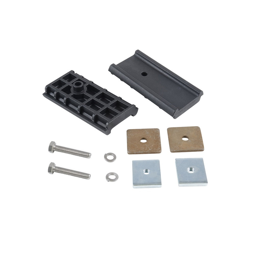 Rhino-Rack Vortex Bar RL Fit Kit-VA-FK1. Front view of 2 x black adaptors, 4 x square nuts and hardware.