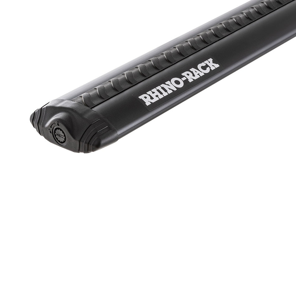 Rhino-Rack Vortex Bar Black 1180mm-VA118B. Front view of black Vortex bar with VGS rubber strip on top.