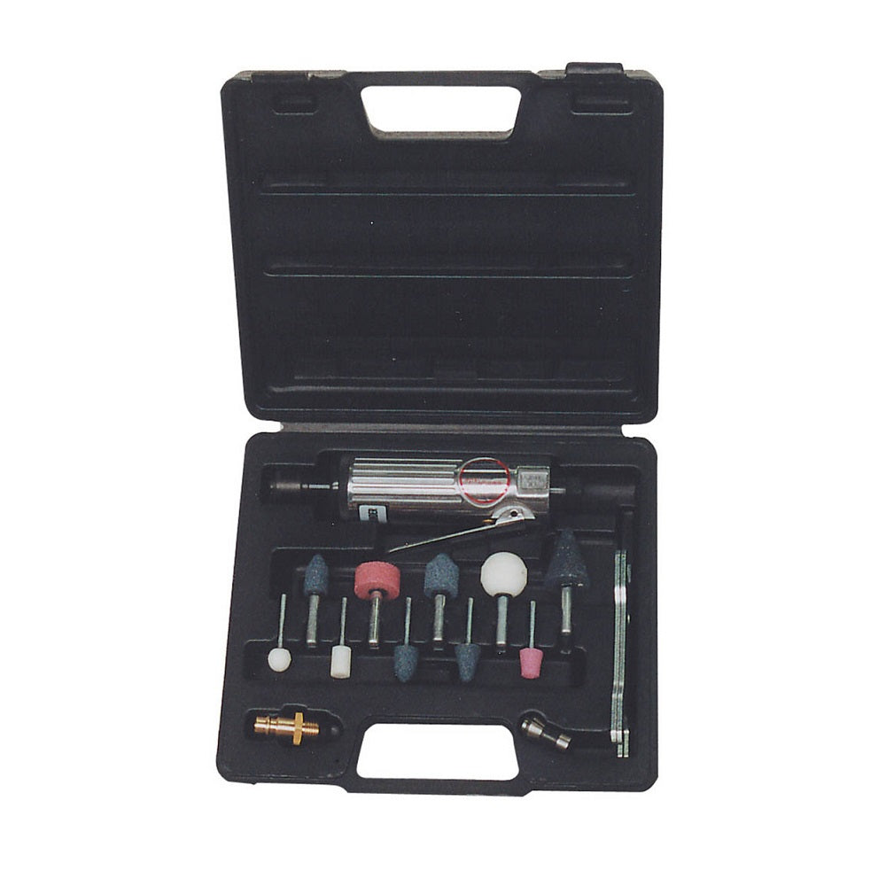 Wellmade Die Grinder Kit - 1/4"-W5200-K. Front view of black case with Die Grinder and stones on the bottom half.