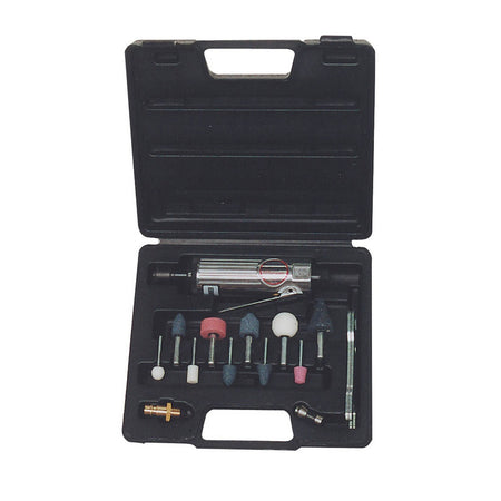 Wellmade Die Grinder Kit - 1/4"-W5200-K. Front view of black case with Die Grinder and stones on the bottom half.